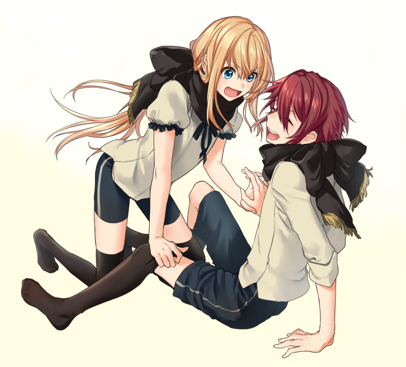 >:d, 2boys, :d, black_legwear, blonde_hair, blue_eyes, closed_eyes, kneehighs