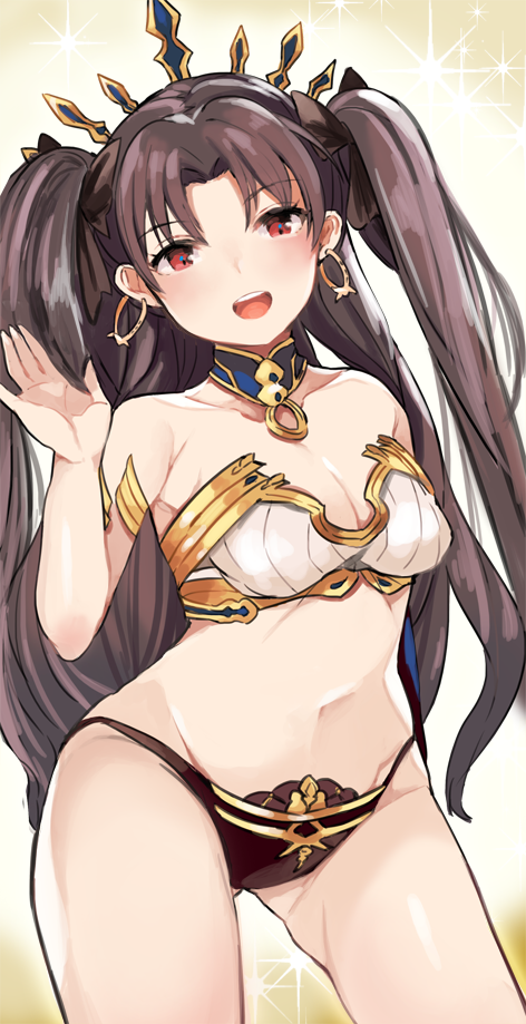 1girl, :d, arm, armlet, bare_arms, bare_legs, bare_shoulders, black_hair