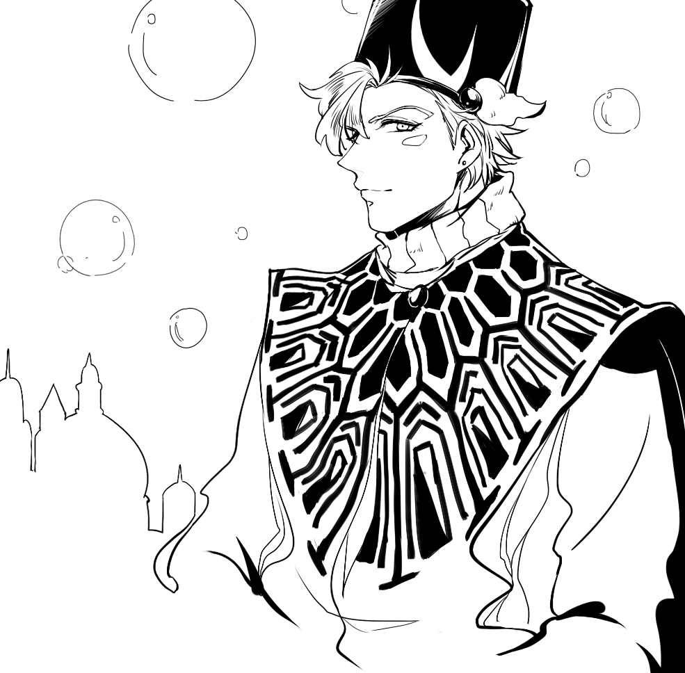 1boy, bubble, caesar_anthonio_zeppeli, cloak, facial_mark, hat, jojo_no_kimyou_na_bouken, monochrome