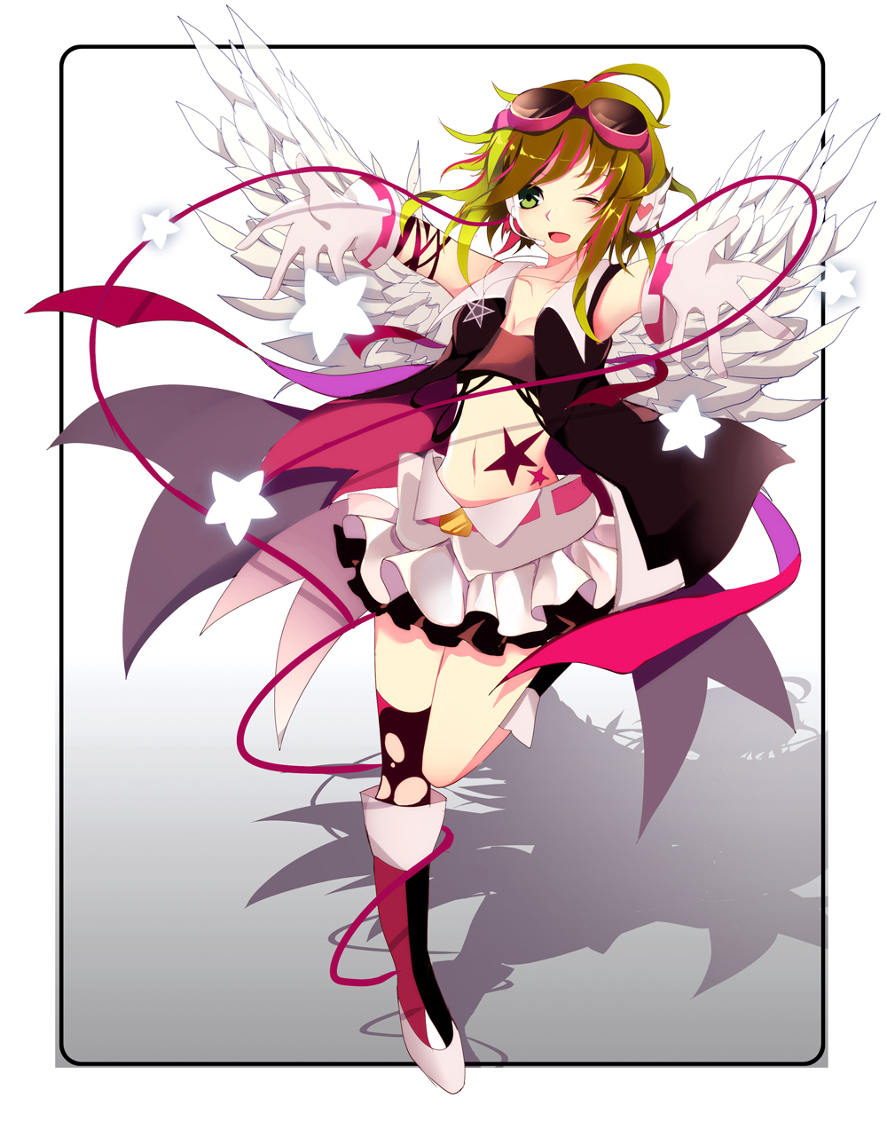 1girl, asymmetrical_legwear, black_legwear, breasts, cleavage, collarbone, feathered_wings, full_body