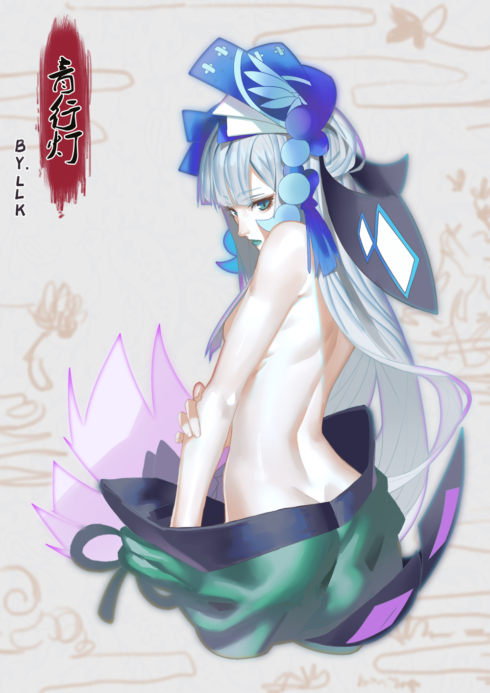 1girl, aoandon, aqua_eyes, aqua_lips, ass, back, bare_shoulders, blue_eyes