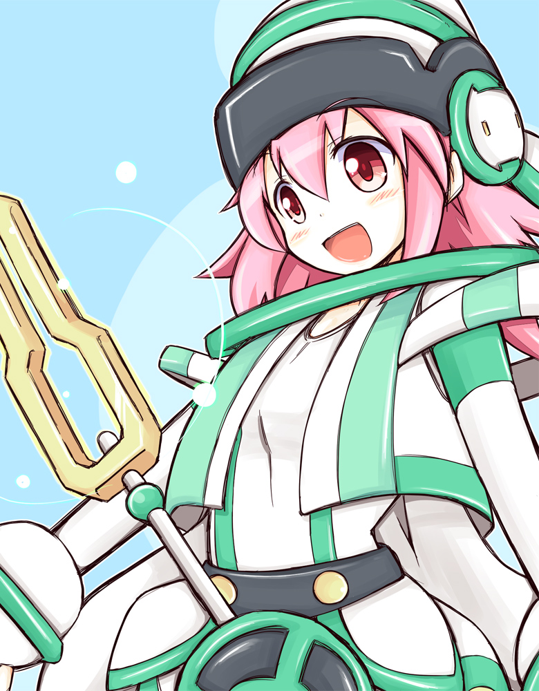 1girl, blush, duel_monster, hat, long_sleeves, nanashino_(nanasino101), open_mouth, pink_eyes, pink_hair, short_hair, smile, solo, tuning_magician, yu-gi-oh!, yuu-gi-ou_arc-v