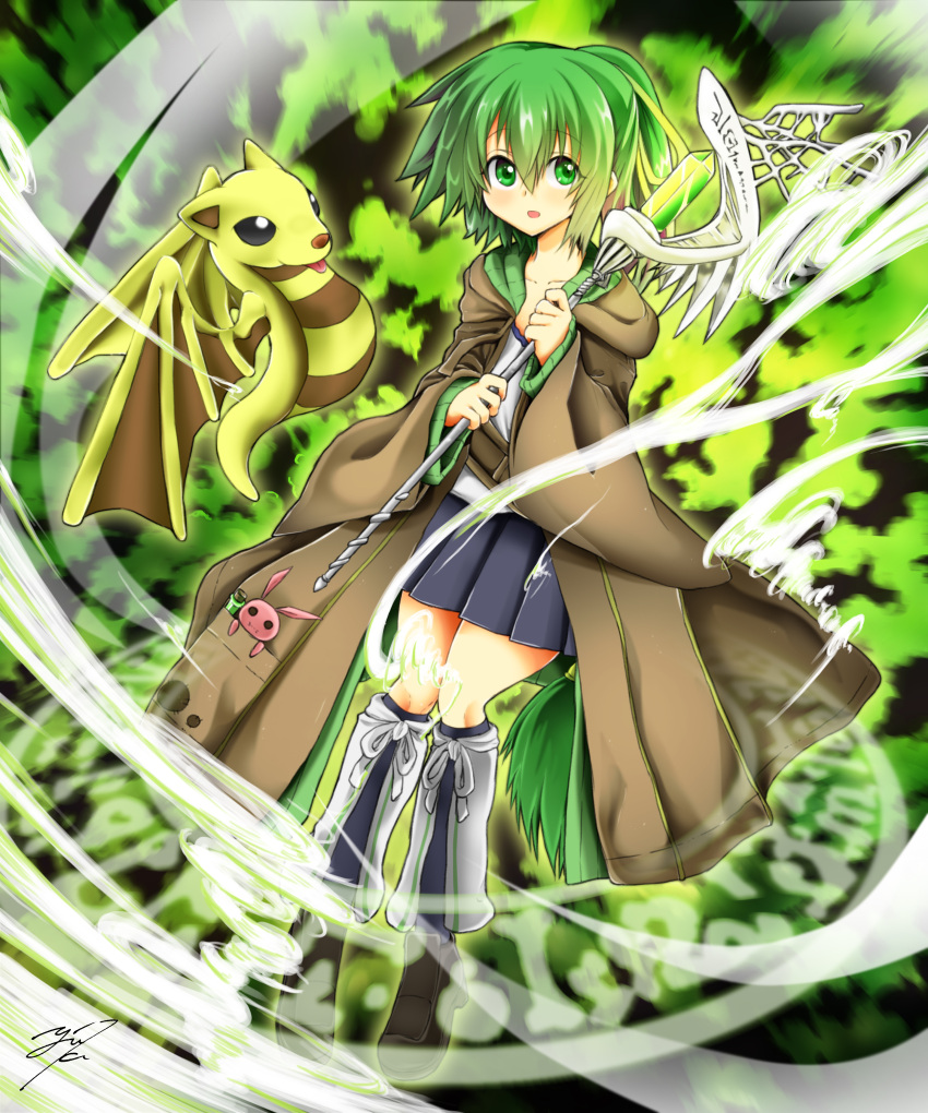 1girl, absurdres, blush, collarbone, dragon, duel_monster, green_eyes, green_hair