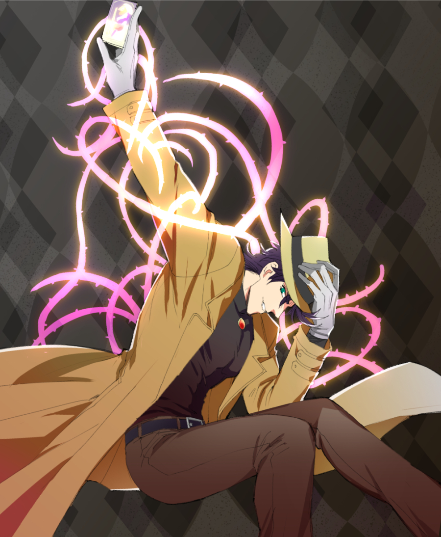 1boy, argyle, argyle_background, belt, coat, cosplay, from_side, gloves