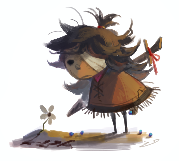 1girl, bandage_over_one_eye, buddy_(lisa_the_painful), commentary, flower, koto_inari, lisa_the_joyful, lisa_the_painful