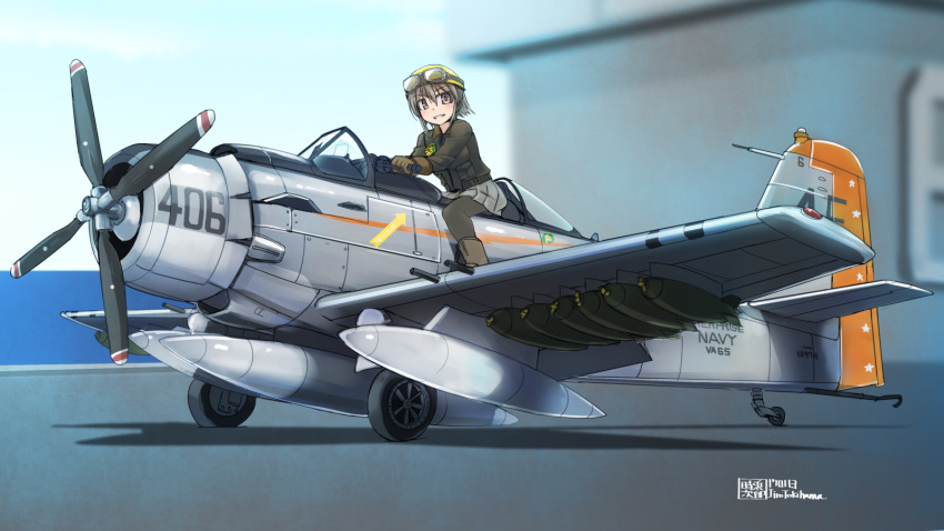 1girl, a-1_skyraider, aircraft, aircraft_carrier, airplane, bomb, brown_eyes, brown_hair, flight_deck, hardpoint, highres, military, military_vehicle, original, propeller, ship, solo, tokihama_jirou, warship, watercraft, world_war_ii