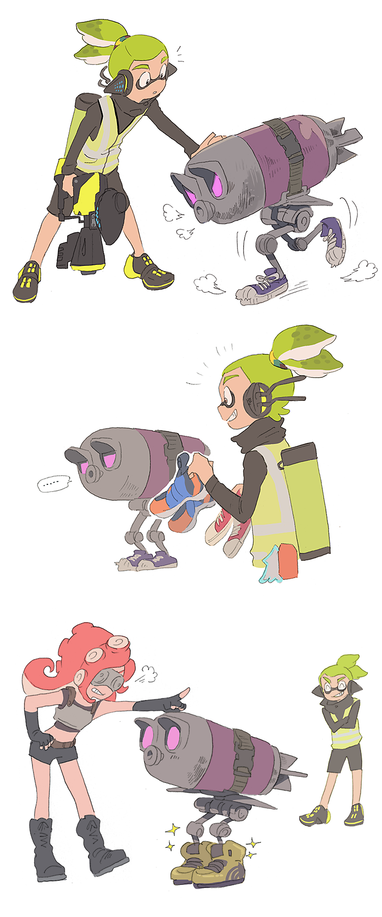 ..., 1boy, 1girl, armor, bike_shorts, black_gloves, boots, comic