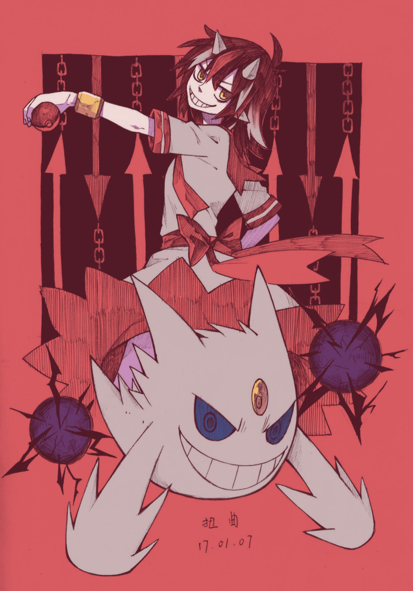 1girl, alternate_color, black_hair, bracelet, directional_arrow, dress, gengar, highres, horns, jewelry, kijin_seija, ko_kita, mega_gengar, mega_pokemon, multicolored_hair, poke_ball, pokemon, red_eyes, redhead, shadow_ball_(pokemon), shiny_pokemon, short_hair, solo, streaked_hair, touhou, white_hair