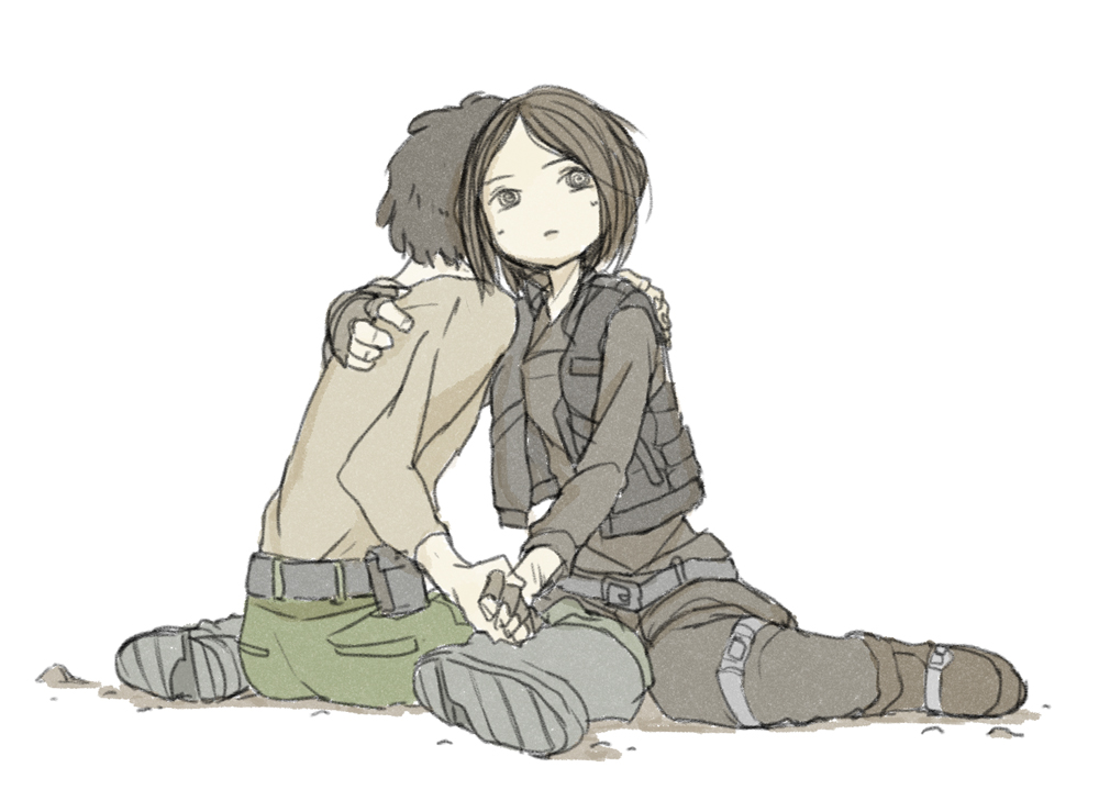 1boy, 1girl, bad_end, boots, cassian_andor, colored_pencil_(medium), fingerless_gloves, gloves