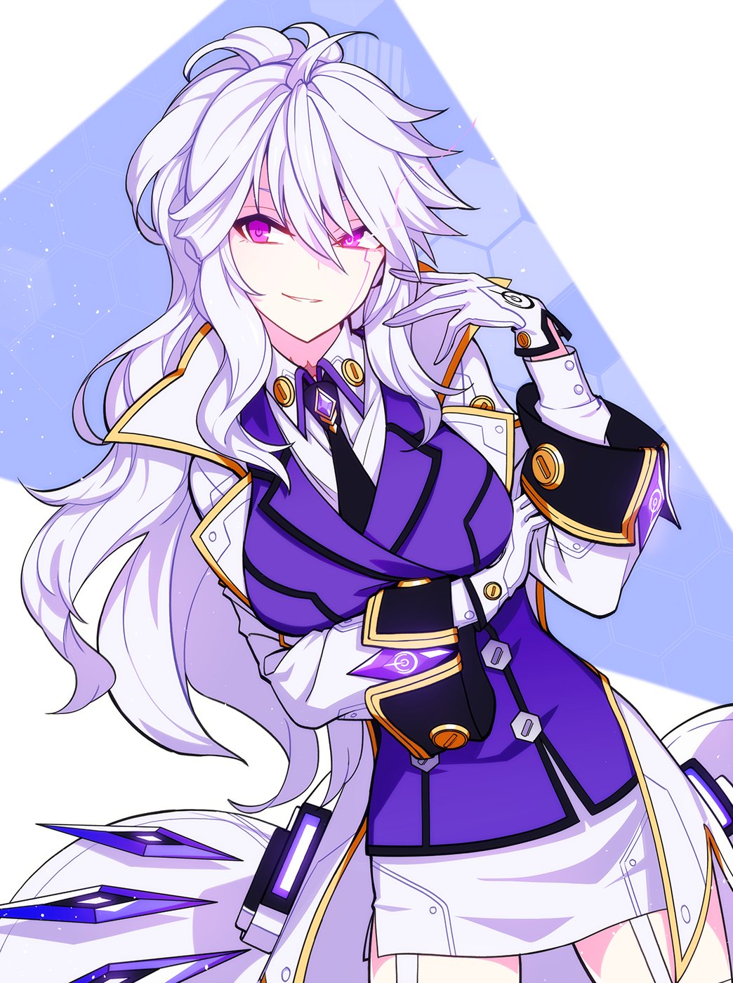 1girl, add_(elsword), ahoge, black_necktie, blue_background, buttons, collared_shirt, cowboy_shot
