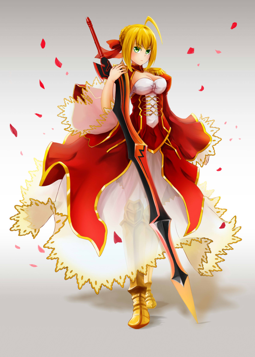 1girl, absurdres, aestus_estus, ahoge, armor, armored_boots, blonde_hair, boots