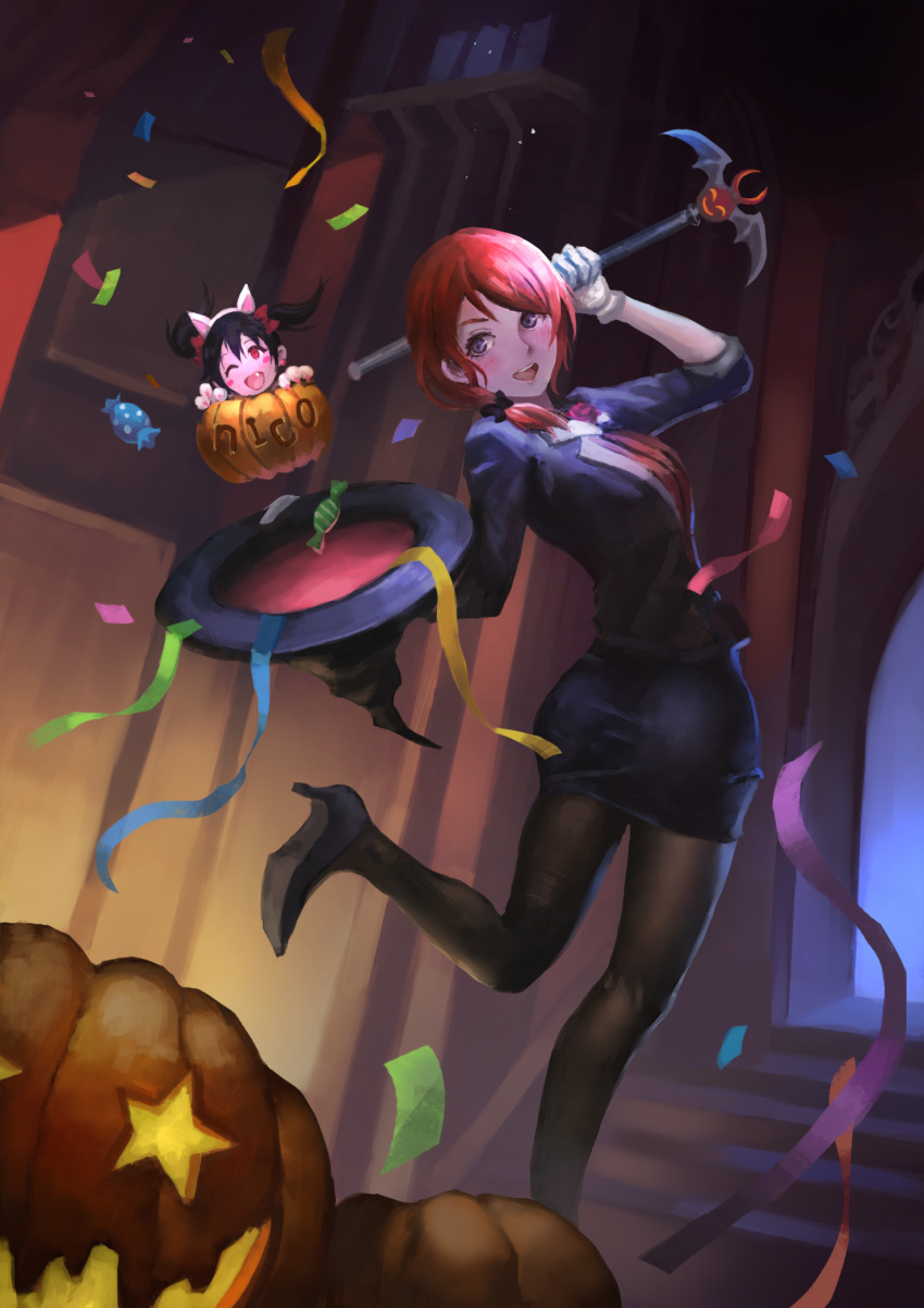 2girls, ;d, black_hair, black_legwear, blush, candy, character_name, confetti, fang, food, gloves, halloween, hat, highres, hort_hair, jack-o'-lantern, love_live!, love_live!_school_idol_project, multiple_girls, nishikino_maki, one_eye_closed, open_mouth, pantyhose, pencil_skirt, red_eyes, redhead, short_twintails, skirt, smile, twintails, violet_eyes, winghost, witch_hat, yazawa_nico