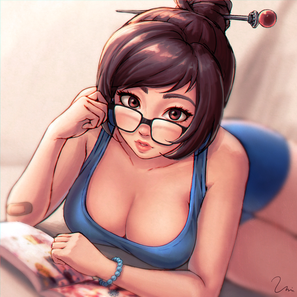 1girl, bandaid, black-framed_eyewear, bracelet, breasts, brown_eyes, brown_hair, cleavage