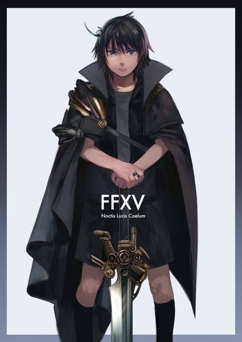 1boy, absurdres, black_hair, blue_eyes, cape, character_name, copyright_name, final_fantasy, final_fantasy_xv, harunathunder_(neruneruzzz), highres, looking_at_viewer, noctis_lucis_caelum, socks, solo, sword, weapon, younger