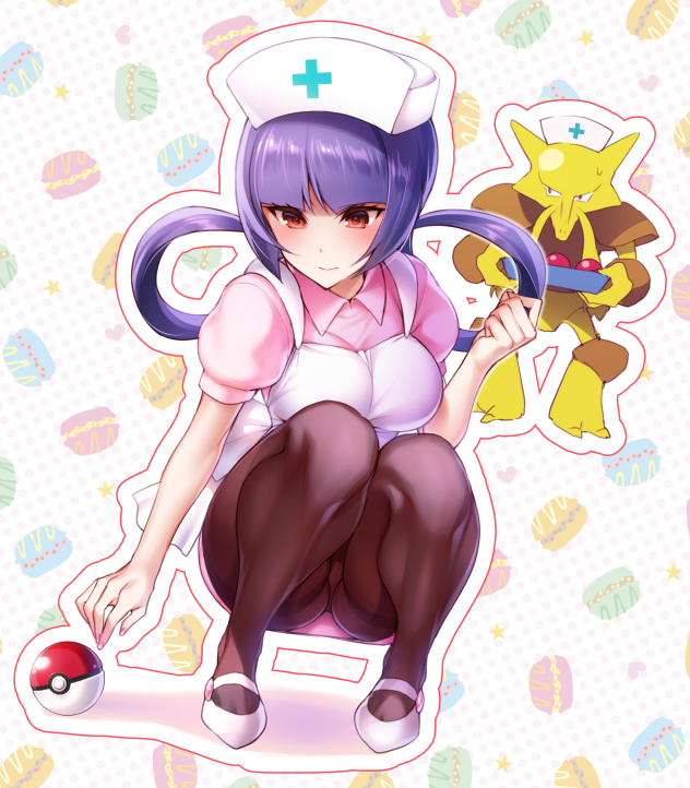 1girl, akira_(natsumemo), alakazam, apron, bangs, black_legwear, blunt_bangs, blush