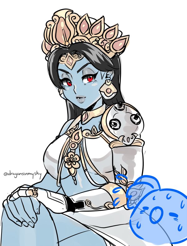 1girl, black_hair, blue_skin, breasts, choker, cyborg, d-ryuu, earrings