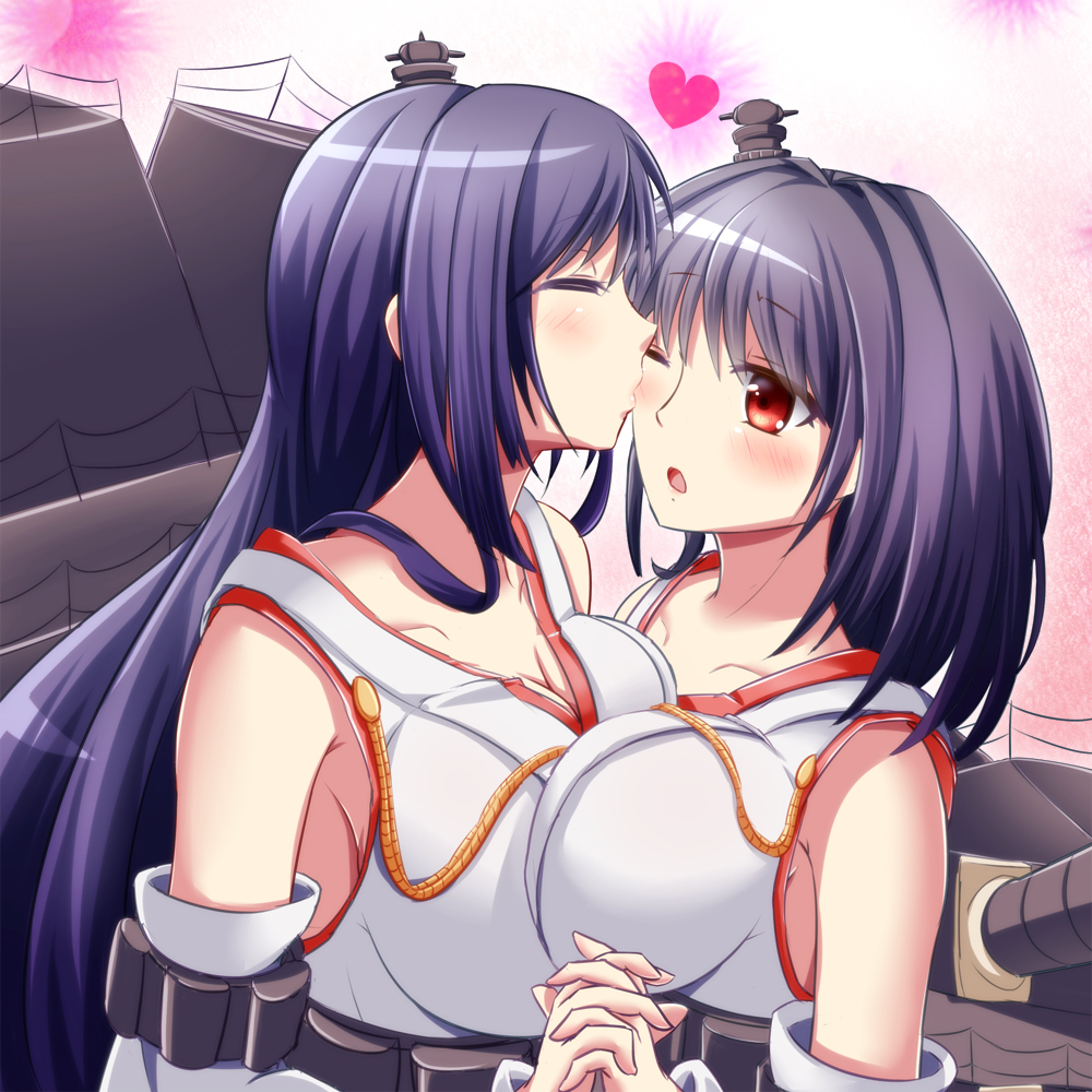 2girls, asymmetrical_docking, bare_shoulders, black_hair, breast_press, breasts, cannon, cleavage