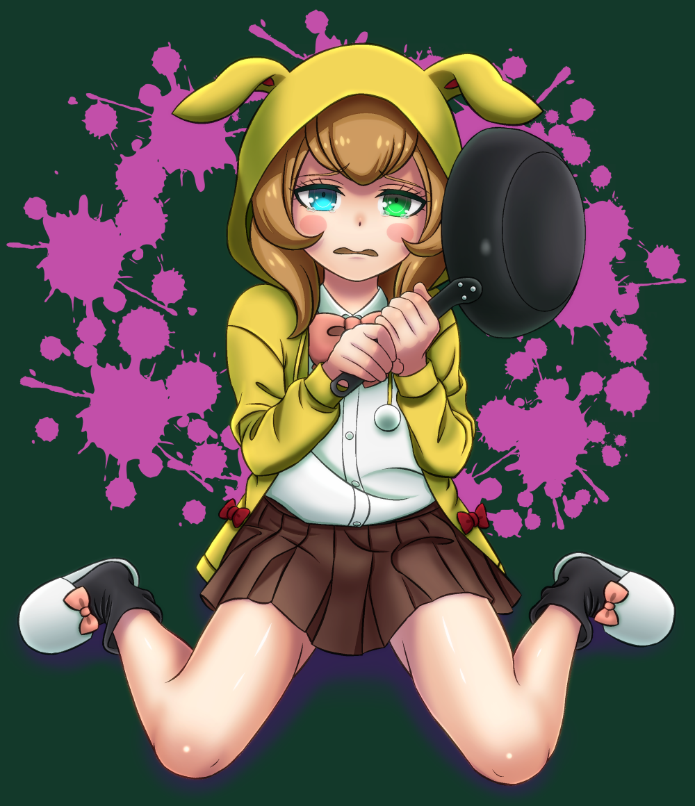 1girl, animal_hood, blue_eyes, blush_stickers, brown_hair, bunny_hood, dangan_ronpa, dangan_ronpa_3, frying_pan, green_eyes, heterochromia, hood, hoodie, jougenmushi, pleated_skirt, skirt, slippers, socks, splatter, umesawa_aiko, wavy_mouth