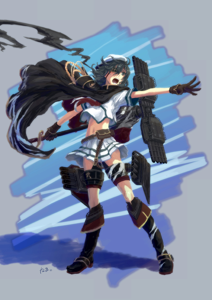 1girl, black_gloves, boots, cloak, cutlass_(sword), eyepatch, full_body, gloves, green_eyes, grey_hair, kantai_collection, kiso_(kantai_collection), knee_boots, mecha_musume, navel, outstretched_arm, pleated_skirt, school_uniform, serafuku, sheath, sheathed, short_hair, skirt, solo, tama_(tama_sphere)