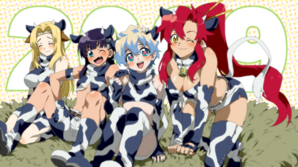 4girls, all_fours, animal_ears, bad_id, bikini_top, blonde_hair, blush, boots, breasts, cleavage, cow_ears, cow_print, cow_tail, detached_sleeves, elbow_gloves, fang, gloves, horns, kemonomimi_mode, kiyal, kneeling, long_hair, matsukaze_yukiji, midriff, multicolored_hair, multiple_girls, new_year, nia_teppelin, ponytail, purple_hair, red_hair, redhead, short_hair, sitting, smile, socks, tail, tank_top, tengen_toppa_gurren_lagann, thigh-highs, thigh_boots, thighhighs, tsuuma, wink, yoko_littner, yoko_ritona, yuutu