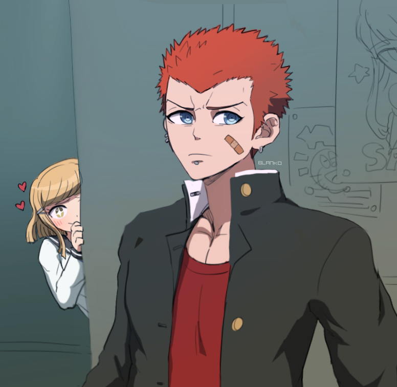 +_+, 1boy, 1girl, blanko!, blue_eyes, brown_hair, cousins, crew_cut