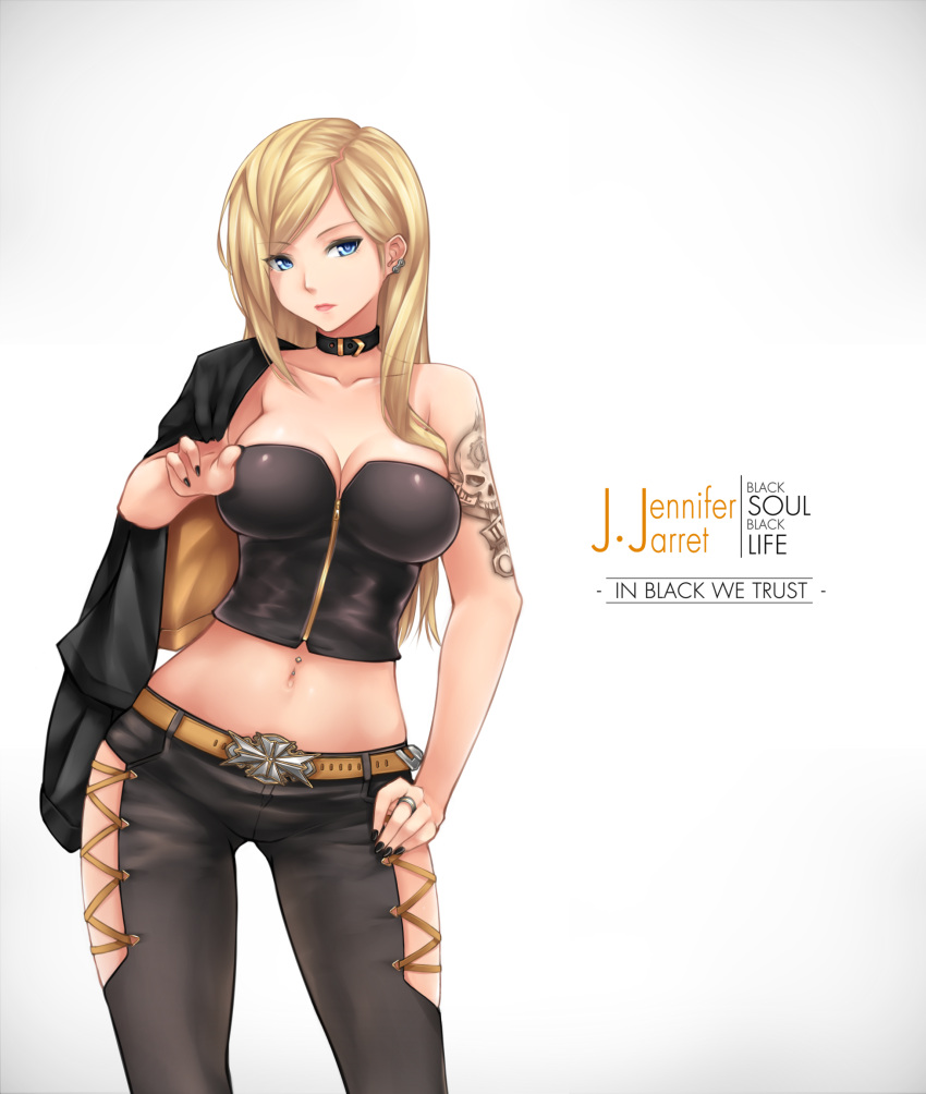 1girl, bare_shoulders, belt, black_nails, blonde_hair, blue_eyes, breasts, cleavage
