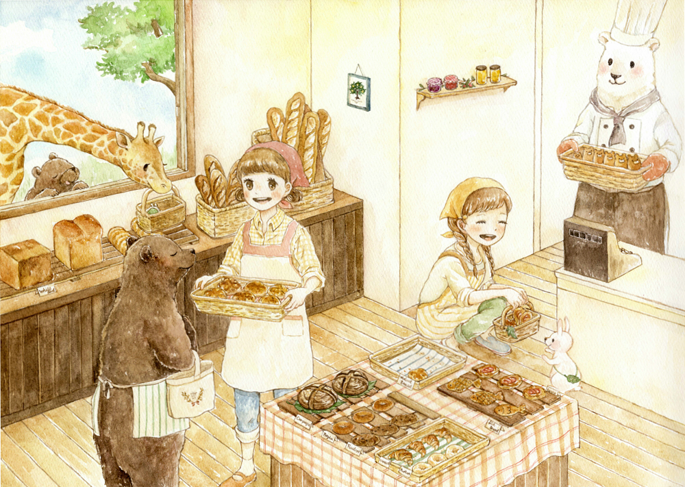 2girls, :d, ^_^, animal, apron, bakery, bear, braid
