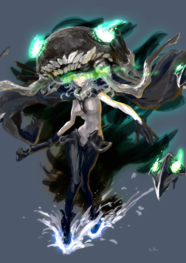1girl, black_gloves, black_legwear, bodysuit, cannon, full_body, gloves, glowing