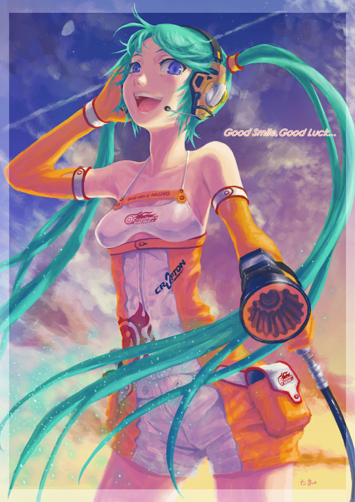 1girl, alternate_costume, aqua_hair, breasts, commentary_request, elbow_gloves, gas_pump_nozzle, gloves