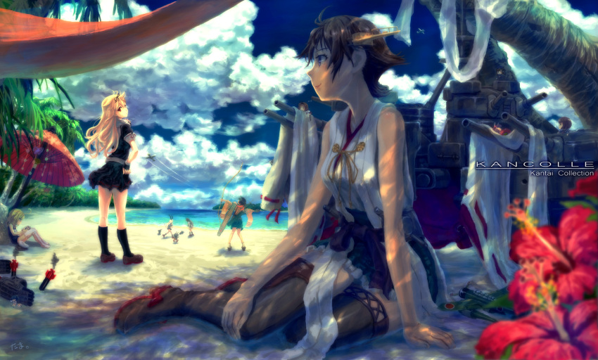 6+girls, beach, blonde_hair, boots, bow_(weapon), clouds, cloudy_sky, commentary_request