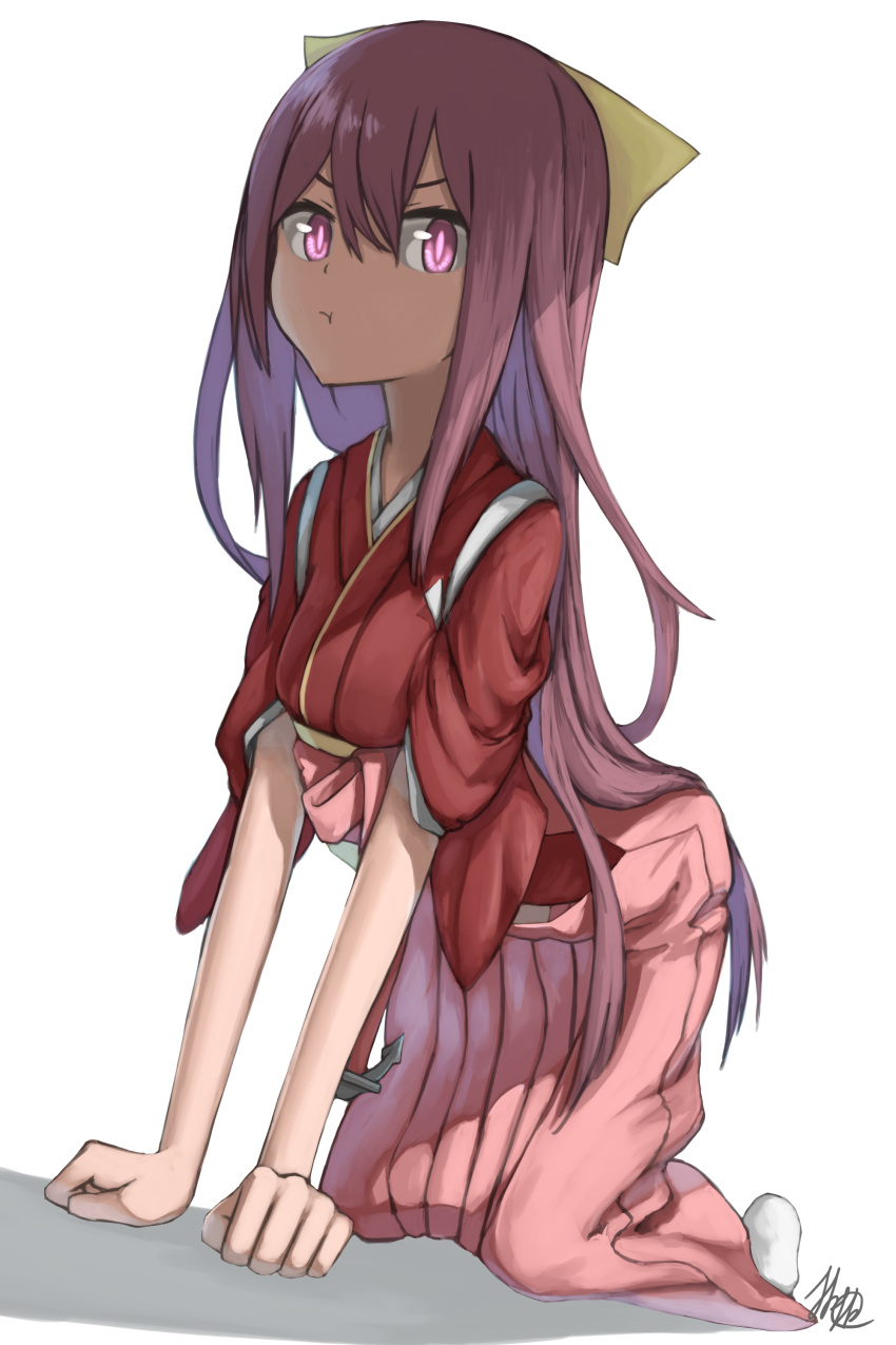 1girl, :t, absurdres, all_fours, bow, hakama, highres, japanese_clothes