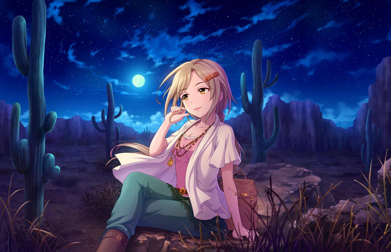1girl, artist_request, bag, brown_eyes, brown_hair, cactus, clouds, cloudy_sky