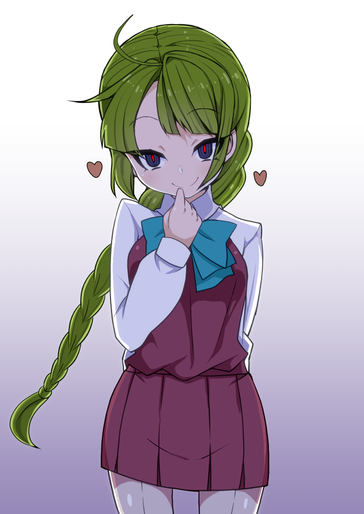 1girl, bow, braid, green_hair, heart, kantai_collection, kodachi_(kuroyuri_shoukougun), slit_pupils
