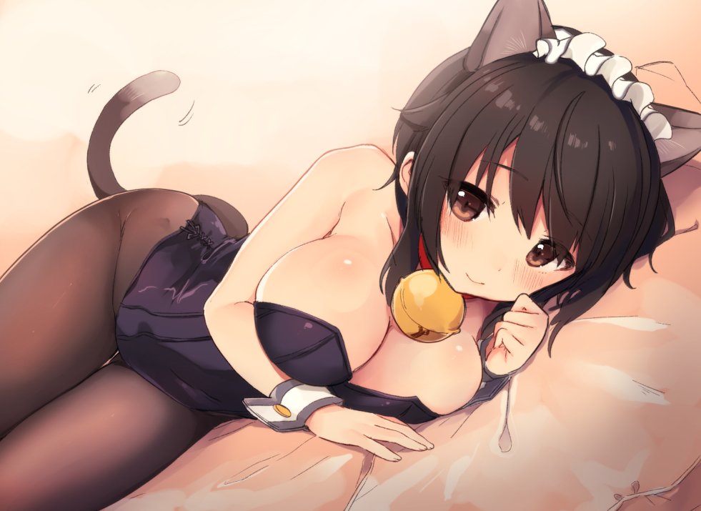 1girl, animal_ears, bare_shoulders, bell, bell_collar, black_hair, blush, breasts