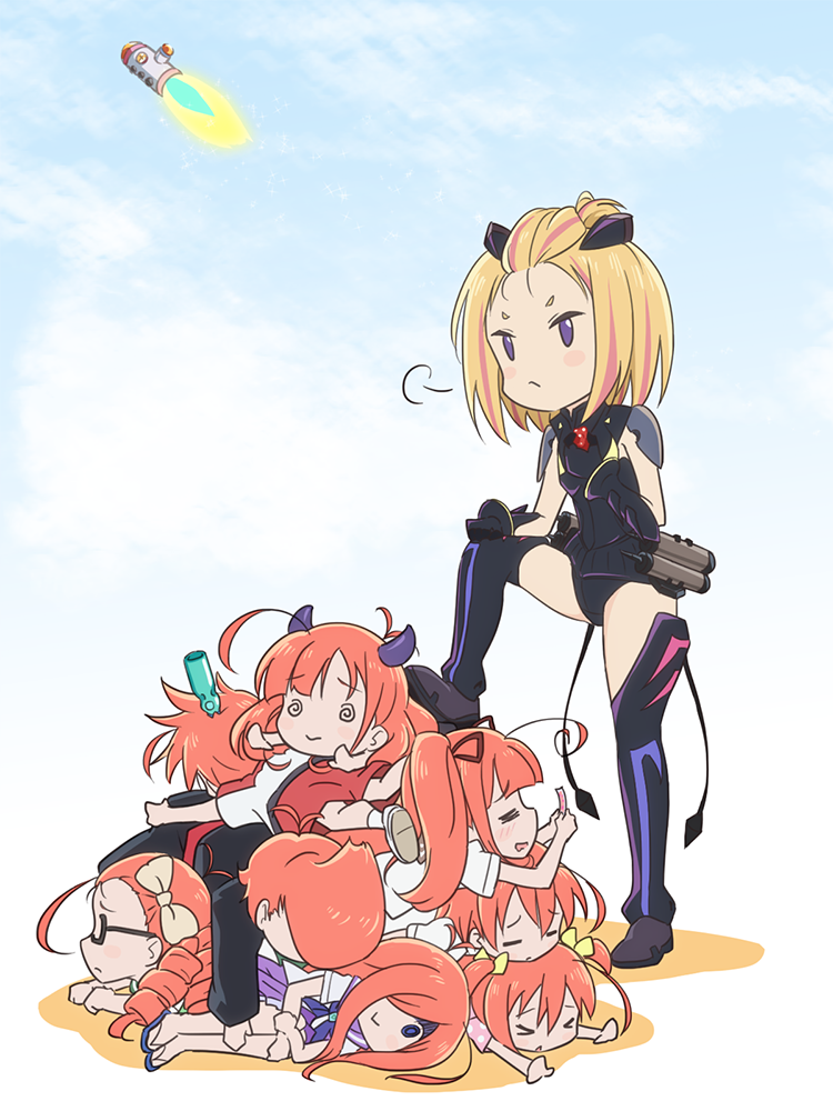 >_<, 6+girls, :>, =_=, @_@, ahoge, blonde_hair, closed_eyes