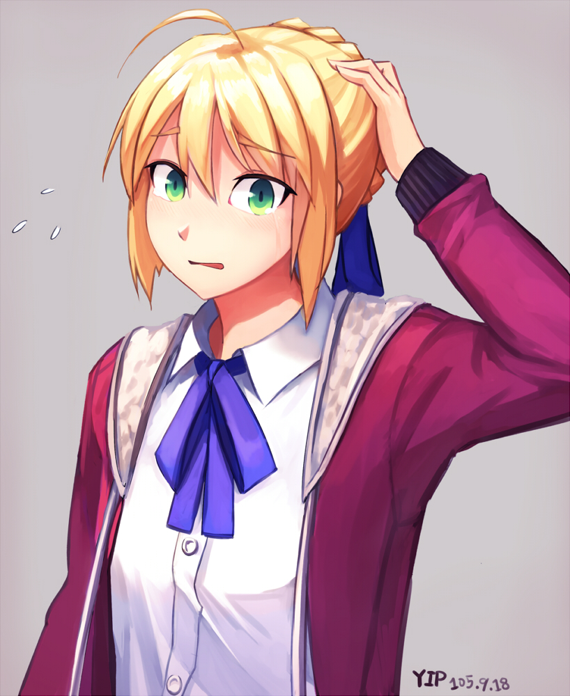 1girl, ahoge, alternate_costume, artoria_pendragon_(all), blonde_hair, crying, fate_(series), flying_sweatdrops