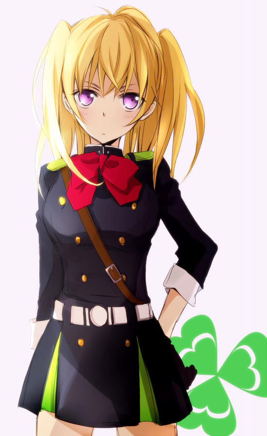 1girl, belt, black_skirt, blonde_hair, bow, bowtie, cowboy_shot, hand_on_hip