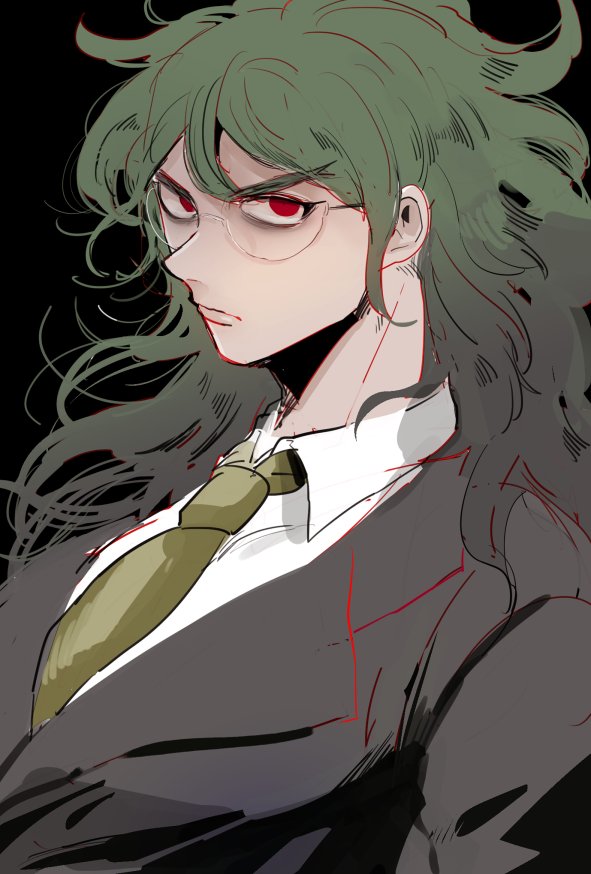 1boy, black_background, blazer, dangan_ronpa, dark_skin, dark_skinned_male, glasses, gokuhara_gonta, green_hair, green_necktie, jacket, joonoyuki, long_hair, looking_at_viewer, male_focus, necktie, new_dangan_ronpa_v3, red_eyes, school_uniform, simple_background, solo, upper_body, wavy_hair