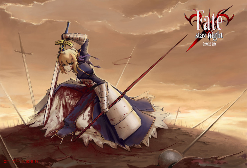 1girl, 2010, armor, armored_dress, bamboocm, blonde_hair, blood, blood_on_face