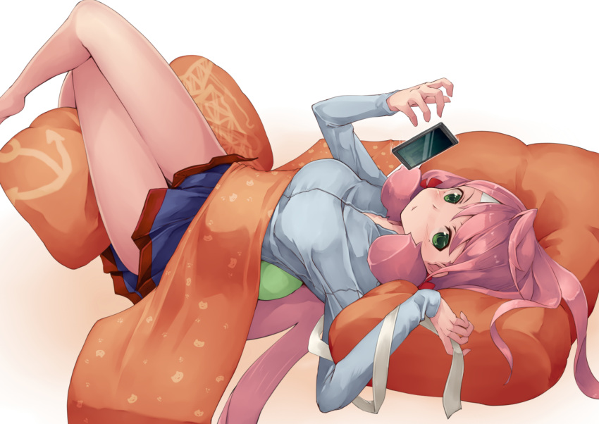 1girl, akashi_(kantai_collection), bandanna, barefoot, blue_skirt, breasts, cellphone, green_eyes