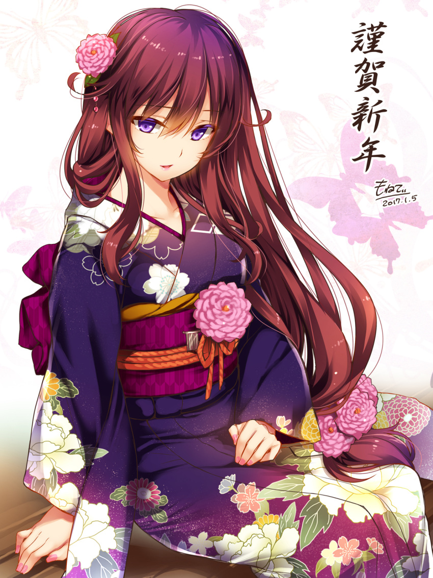 1girl, 2017, alternate_costume, arm_support, artist_name, bangs, brown_hair, dahlia_(flower_knight_girl), dated, floral_print, flower, flower_knight_girl, from_side, gradient_hair, hair_between_eyes, hair_flower, hair_ornament, hair_over_shoulder, hand_on_lap, highres, japanese_clothes, kimono, long_hair, long_sleeves, looking_at_viewer, looking_to_the_side, low-tied_long_hair, moneti_(daifuku), multicolored_hair, nail_polish, obi, parted_lips, pink_nails, sash, sidelocks, signature, sitting, smile, solo, translated, very_long_hair, violet_eyes, wide_sleeves