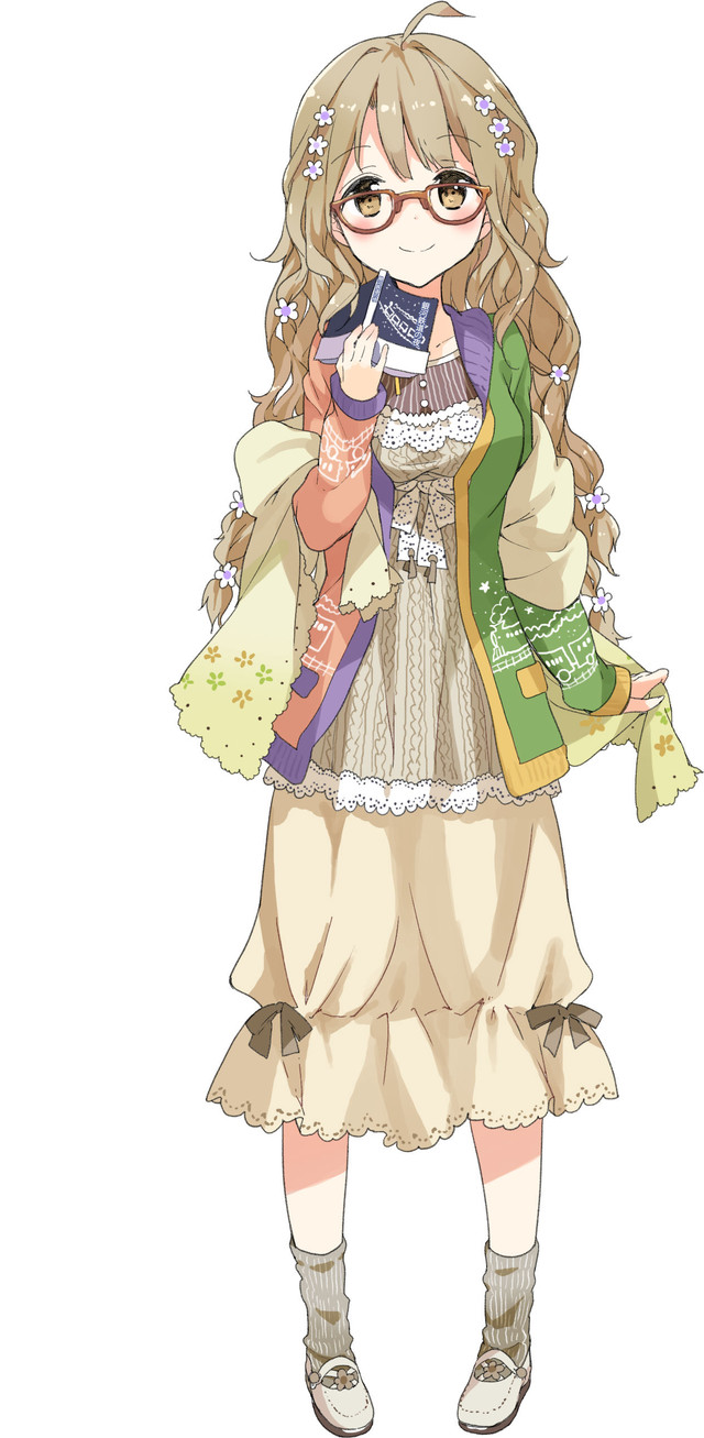 1girl, blush, book, brown-framed_eyewear, brown_eyes, brown_hair, character_request, dress