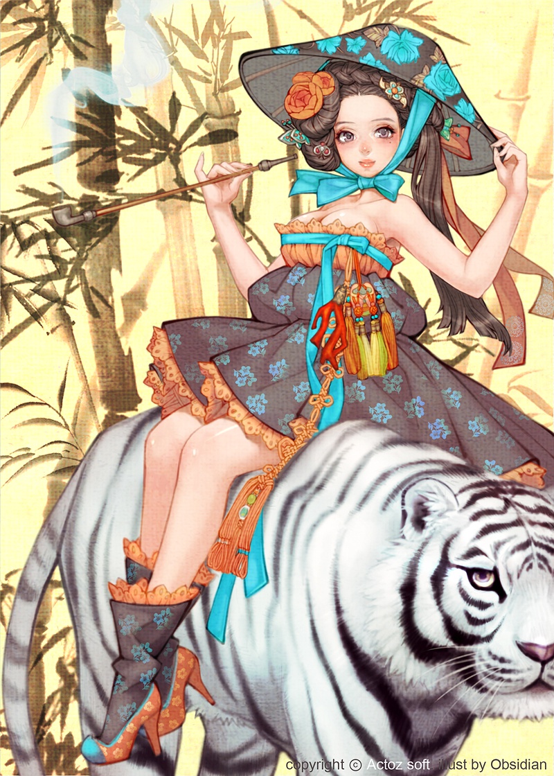 1girl, animal, artist_name, bare_shoulders, breasts, cleavage, copyright, dress
