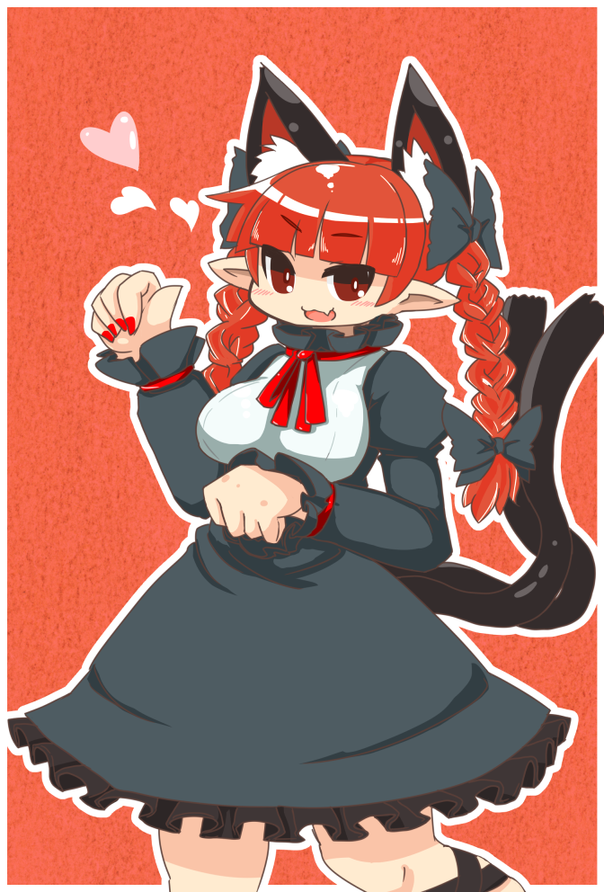 1girl, :3, animal_ears, bangs, blunt_bangs, braid, cat_ears, cat_tail, dress, extra_ears, eyebrows_visible_through_hair, fang, green_dress, juliet_sleeves, kaenbyou_rin, long_sleeves, multiple_tails, muuei, paw_pose, pointy_ears, puffy_sleeves, red_eyes, redhead, short_dress, tail, touhou, twin_braids, two_tails, underbust