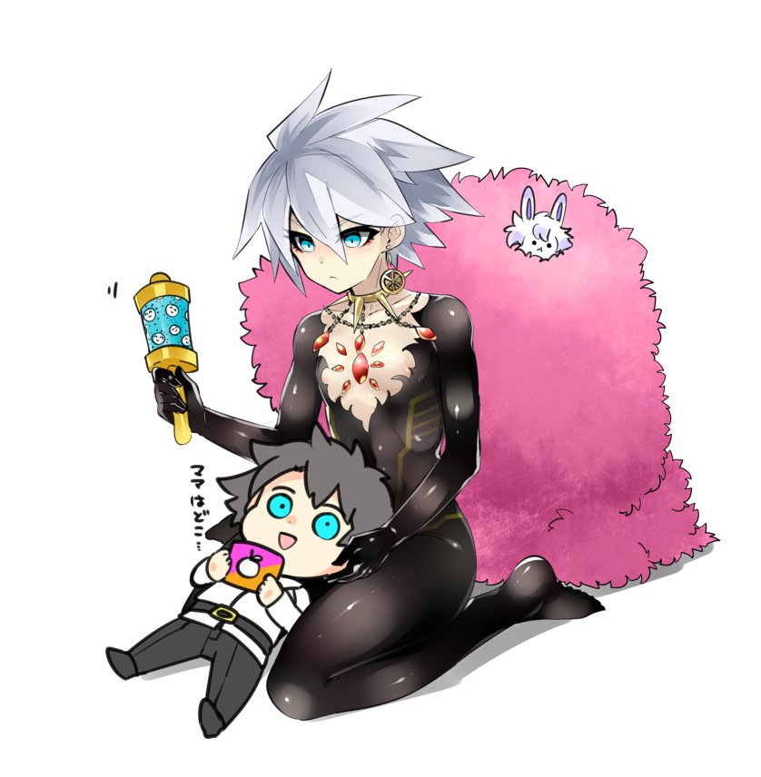 2boys, black_hair, blue_eyes, bodysuit, center_opening, chibi, earrings, fate/apocrypha