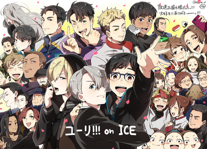 6+boys, 6+girls, :d, ;d, ^_^, black_hair, blonde_hair, blue-framed_eyewear