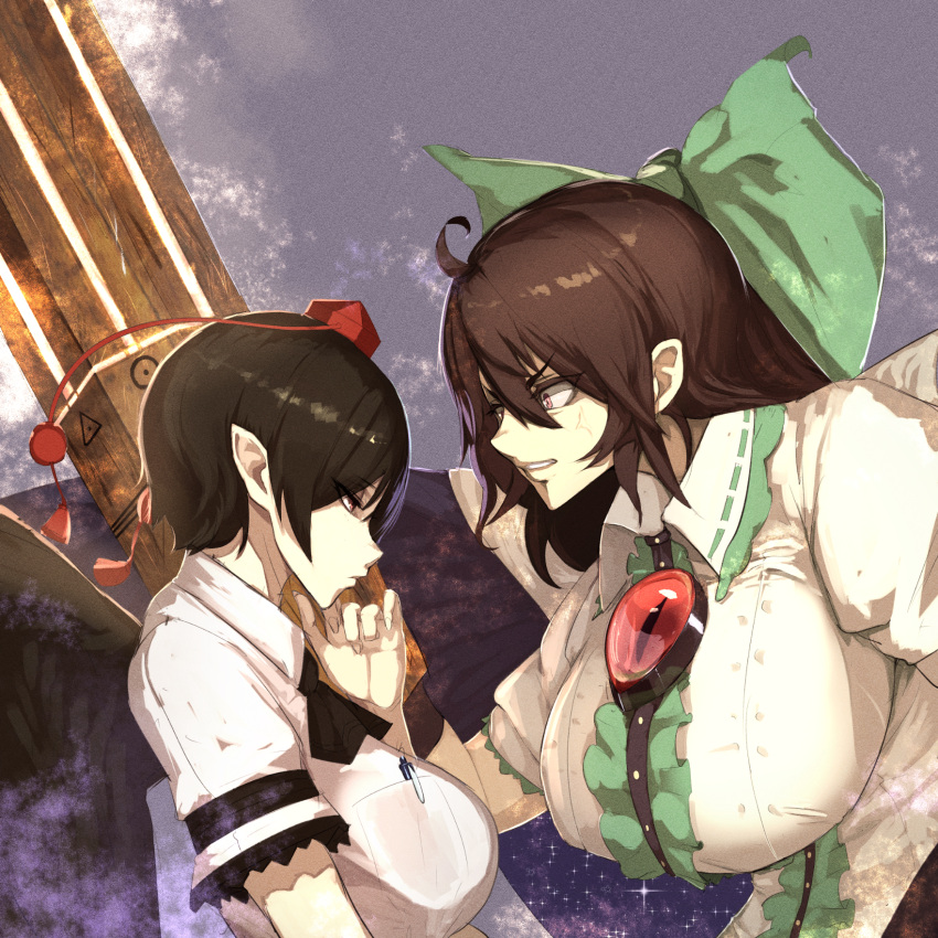 2girls, angry, arm_cannon, ascot, bangs, black_hair, black_wings, bow