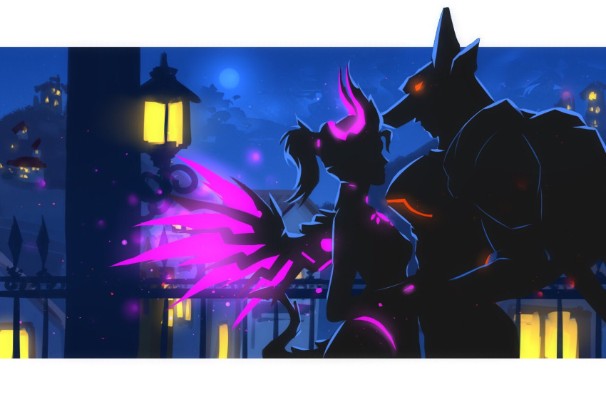 2girls, alternate_costume, anubis_pharah, dark_persona, demon_horns, helmet, highres, horns