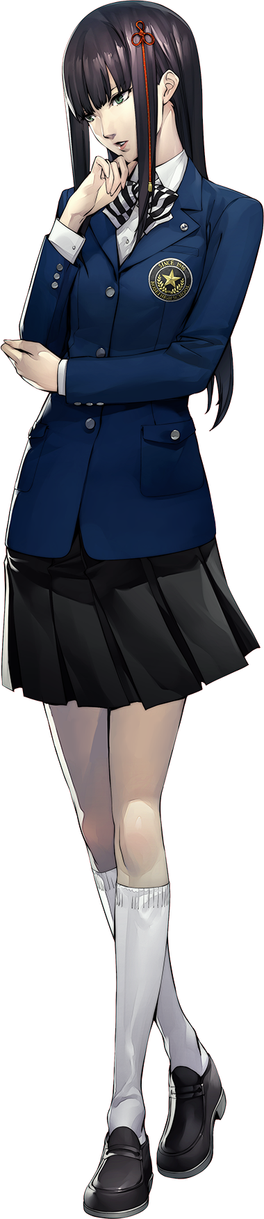 1girl, black_skirt, bow, bowtie, full_body, green_eyes, highres, hime_cut