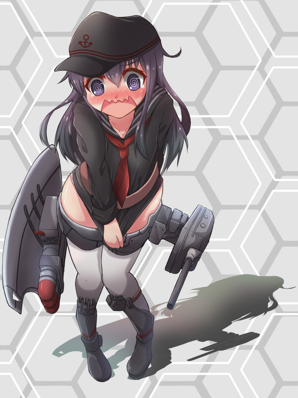 1girl, @_@, akatsuki_(kantai_collection), akatsuki_(zhan_jian_shao_nyu), akatsuki_(zhan_jian_shao_nyu)_(cosplay), armor, armored_boots, belt, black_hat, black_shirt, blush, boots, bottomless, cannon, cosplay, covering, embarrassed, full_body, grey_background, hat, kantai_collection, long_hair, long_sleeves, machinery, open_mouth, panties, purple_hair, remodel_(zhan_jian_shao_nyu), sailor_collar, shirt, shirt_tug, solo, thigh-highs, torpedo, turret, underwear, violet_eyes, wavy_mouth, white_legwear, white_panties, yukimi_unagi, zhan_jian_shao_nyu